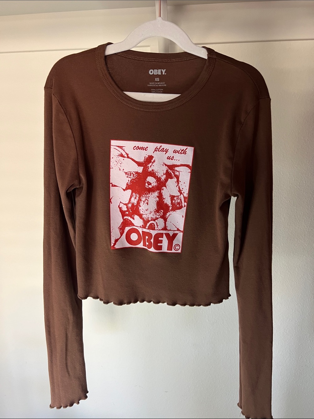 Obey Brown Long-Sleeve Graphic Crop Top with Red bear print